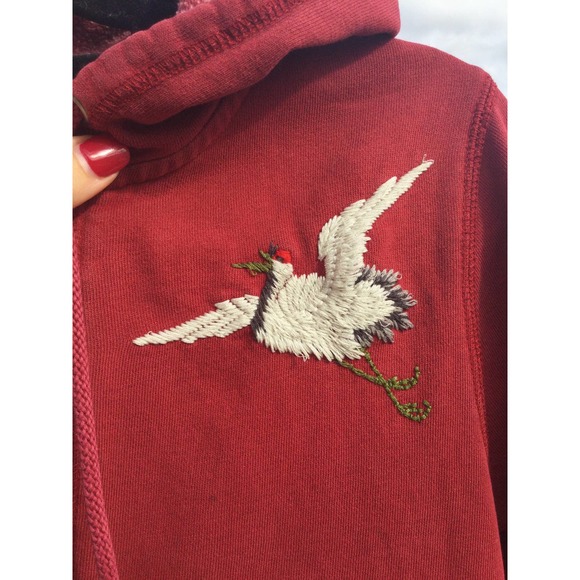 Vintage Lucky Brand womens zip up hoodie sweatshirt M embroidered red Y2K crane - Picture 2 of 12